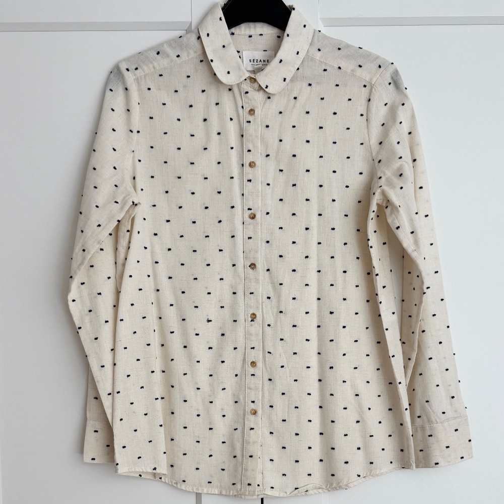 SEZANE - Ecru seed stitch cotton-linen blend classic collar button-front shirt